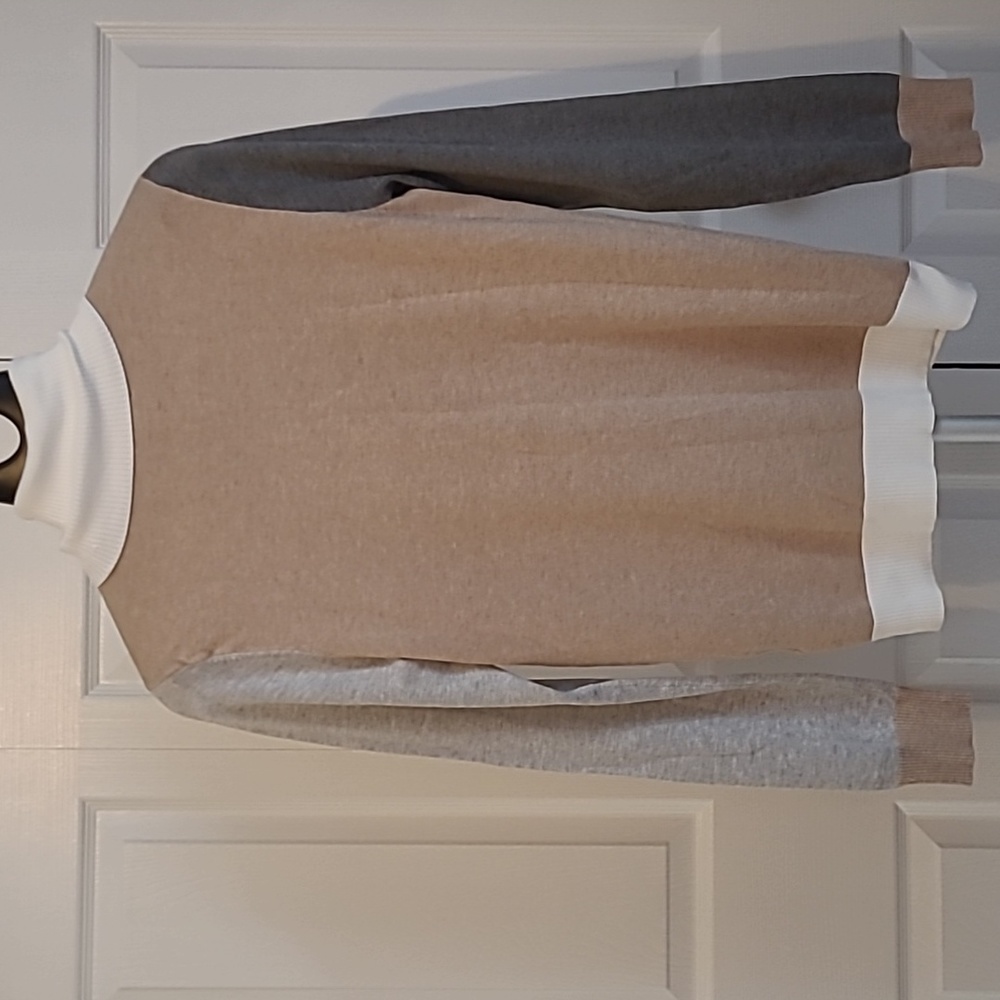 CALVIN KLEIN, long sleeve turtleneck sweater, tan, grey, & cream, pullover, med.